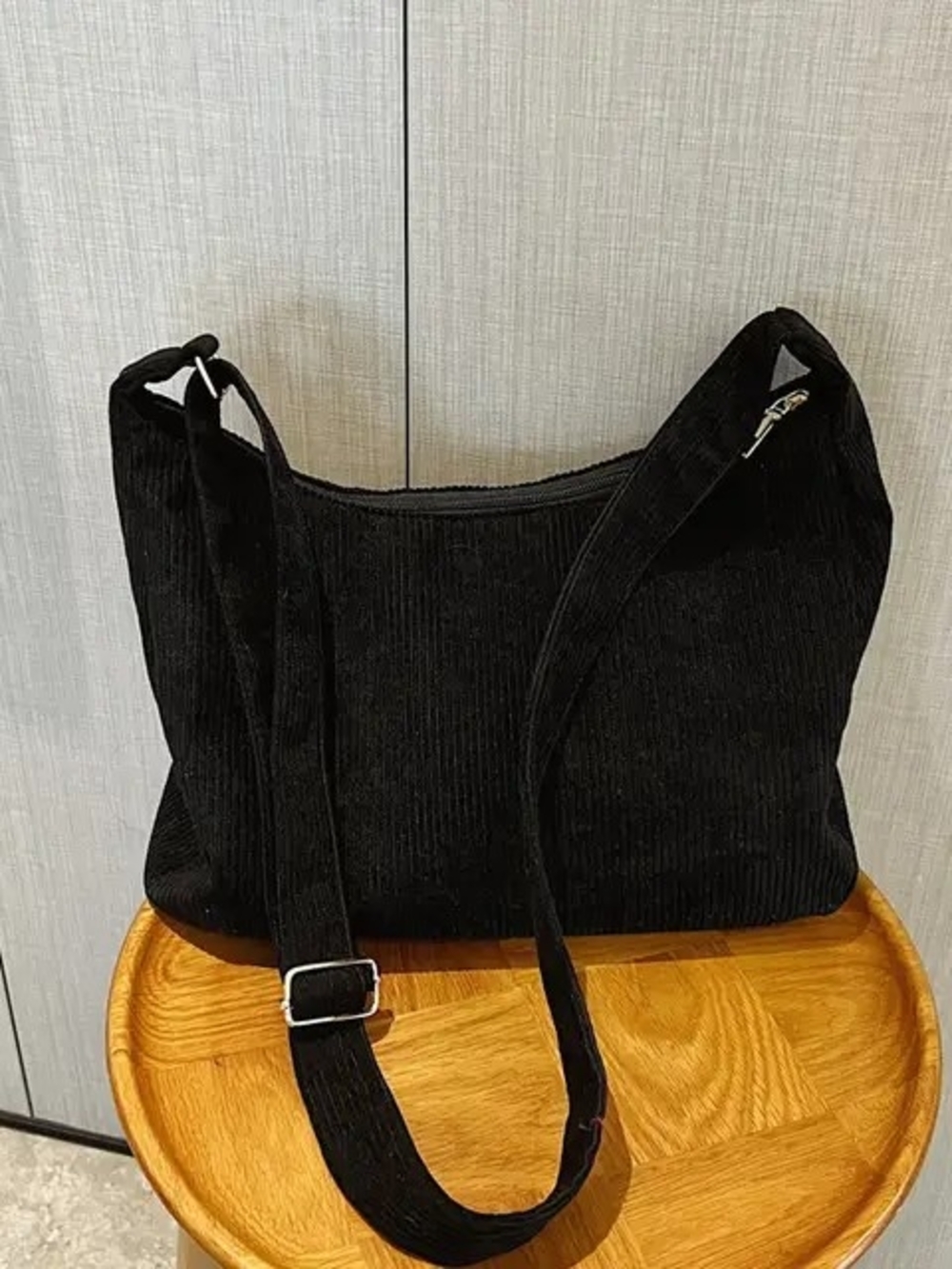 Your Initial Embroidered Black Corduroy Shoulder Bag Women's Everyday Crossbody